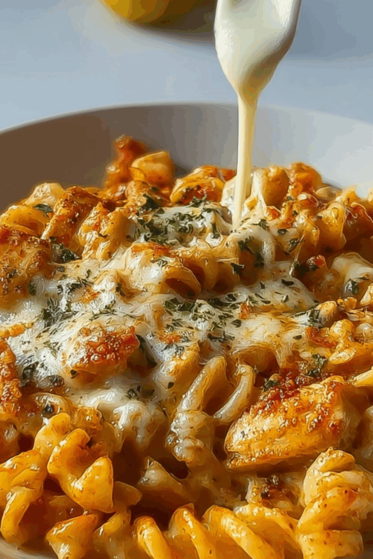 Creamy cheesy chicken pasta served in a white bowl with melted mozzarella.