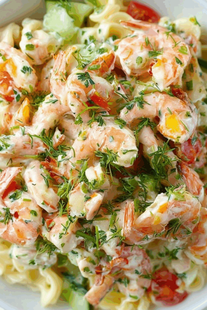 Best Shrimp Salad in bowl with lemon and dill