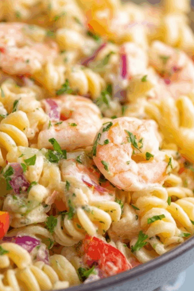Shrimp Pasta Salad ingredients being mixed with creamy dressing in a large glass bowl.