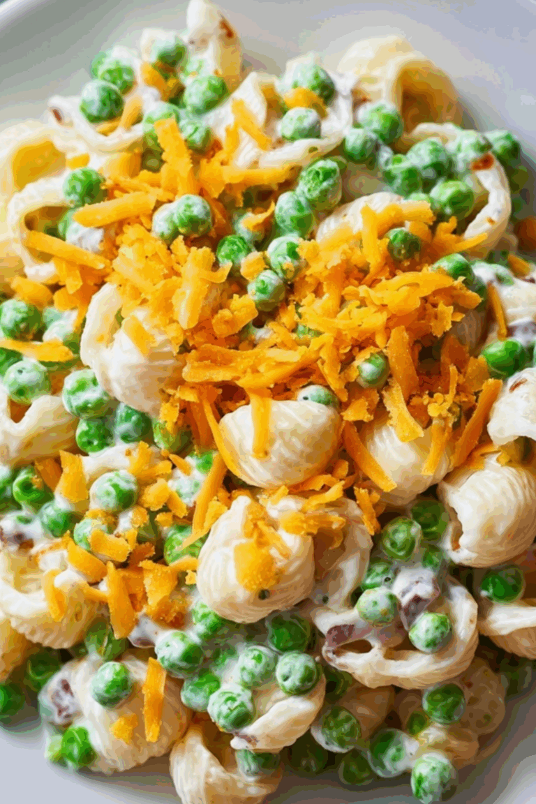 Creamy pea pasta salad in a bowl with fresh peas and cheese