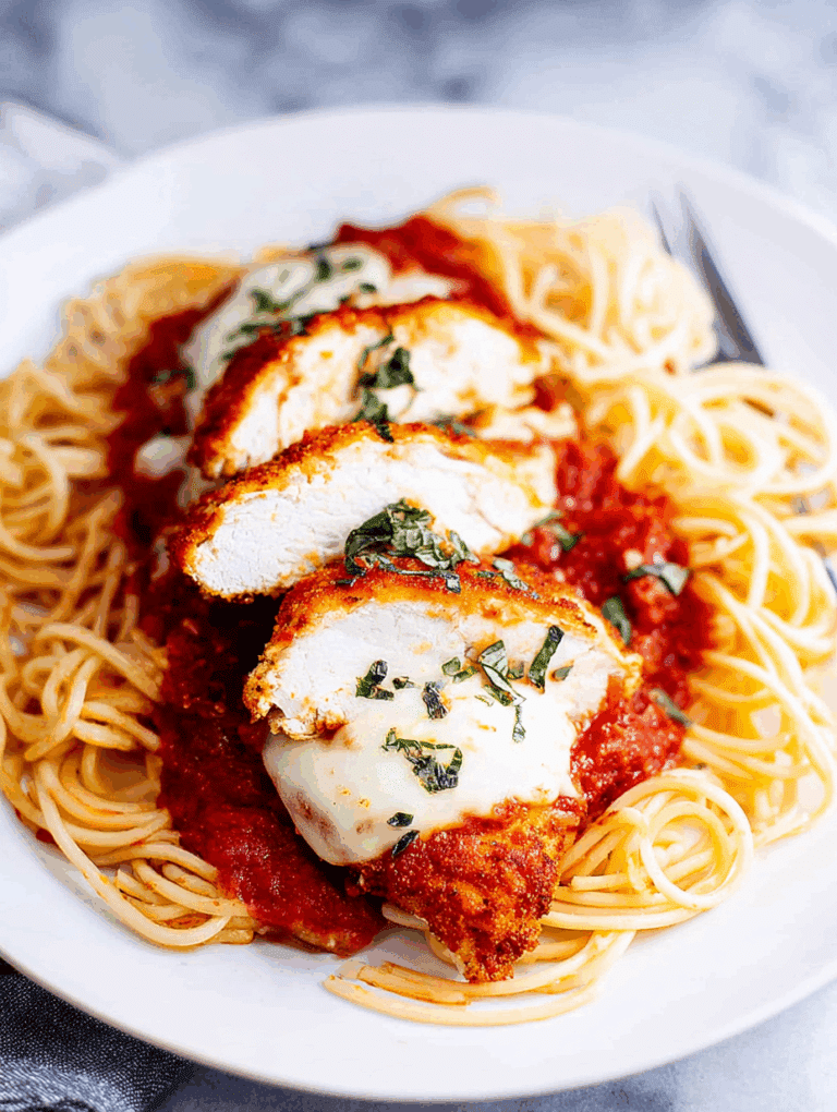 Close-up of baked chicken parmesan topped with melted mozzarella cheese and fresh basil leaves.