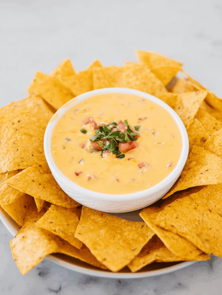 Creamy Velveeta queso dip in a rustic bowl with tortilla chips arranged around it.