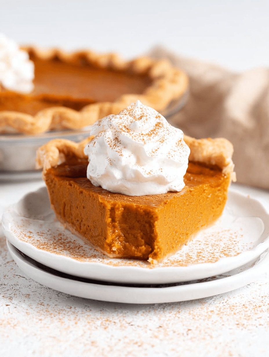 A delicious slice of homemade pumpkin pie topped with whipped cream on a rustic wooden table.