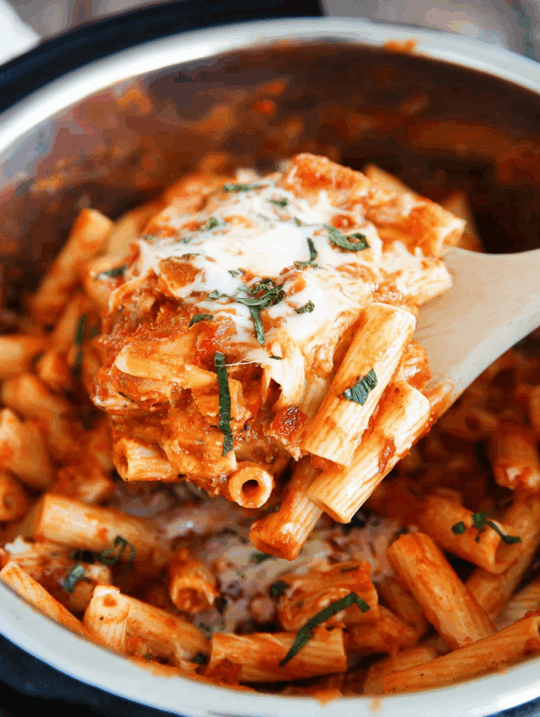 Close-up of cheesy Instant Pot baked ziti with basil and parmesan in a bowl